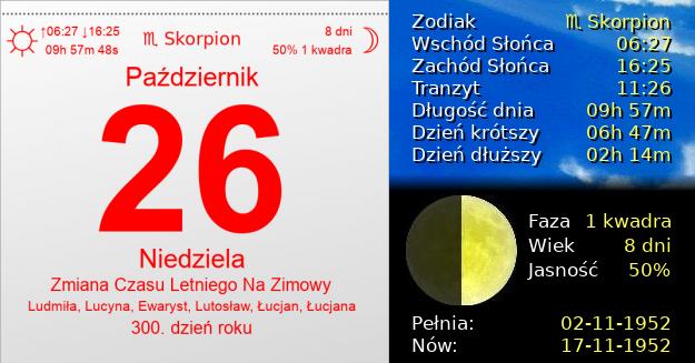 26 Października 1952 - Zmiana Czasu Letniego Na Zimowy. Kartka z Kalendarza