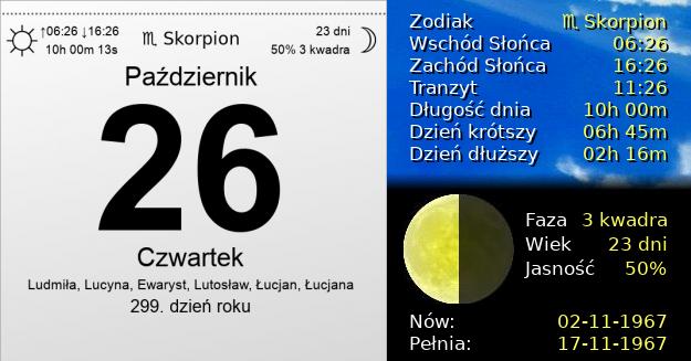 26 Października 1967 - Czwartek. Kartka z Kalendarza