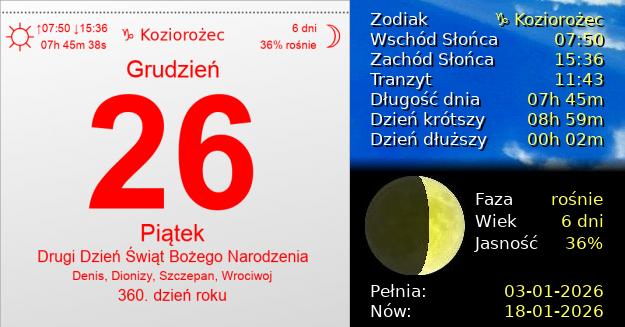 26 Grudnia 2025 - Drugi Dzień Świąt Bożego Narodzenia (kościoły zachodnie). Kartka z Kalendarza