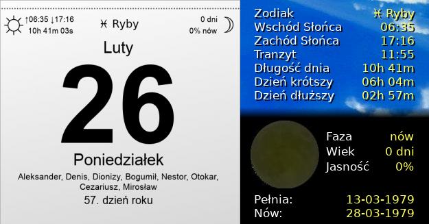 26 Lutego 1979 - Poniedziałek. Kartka z Kalendarza