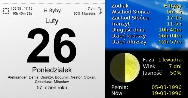 26 Lutego 1996 - Poniedziałek. Kartka z Kalendarza