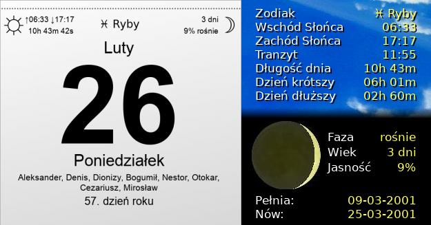 26 Lutego 2001 - Poniedziałek. Kartka z Kalendarza