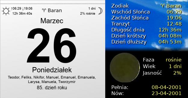 26 Marca 2001 - Poniedziałek. Kartka z Kalendarza