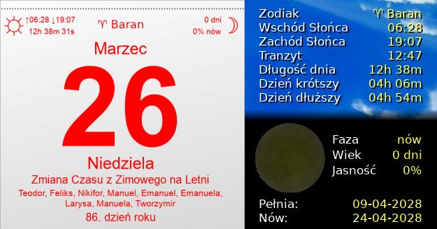 26 Marca 2028 - Zmiana Czasu z Zimowego na Letni. Kartka z Kalendarza