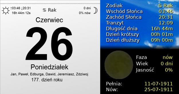 26 Czerwca 1911 - Poniedziałek. Kartka z Kalendarza