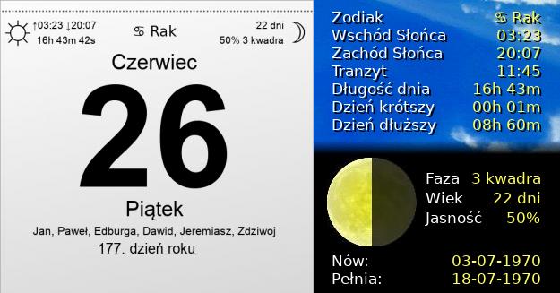 26 Czerwca 1970 - Piątek. Kartka z Kalendarza