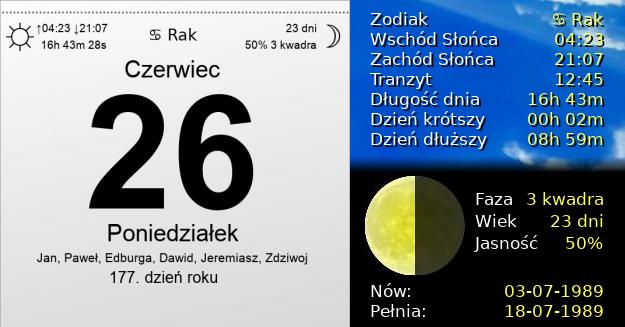 26 Czerwca 1989 - Poniedziałek. Kartka z Kalendarza