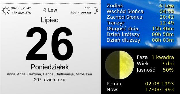 26 Lipca 1993 - Poniedziałek. Kartka z Kalendarza