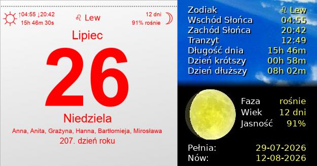 26 Lipca 2026 - Niedziela. Kartka z Kalendarza