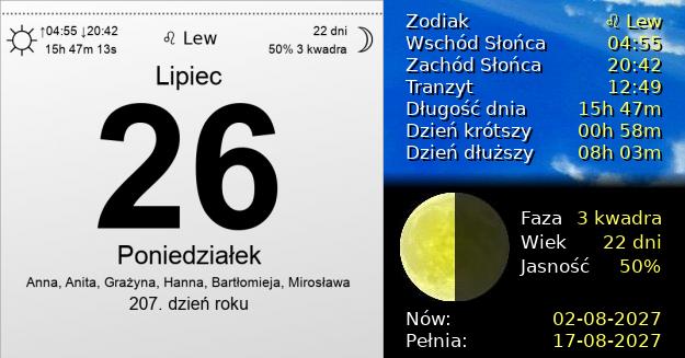 26 Lipca 2027 - Poniedziałek. Kartka z Kalendarza