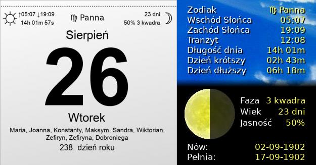 26 Sierpnia 1902 - Wtorek. Kartka z Kalendarza