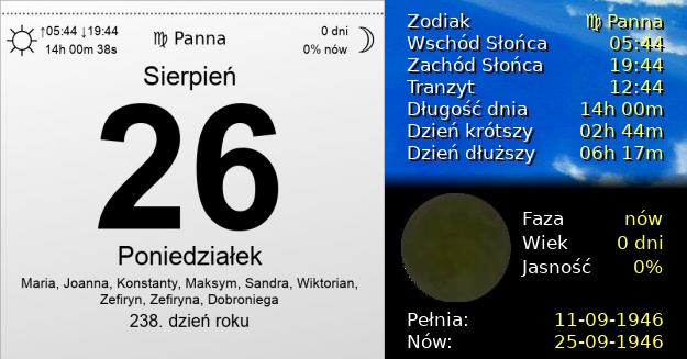 26 Sierpnia 1946 - Poniedziałek. Kartka z Kalendarza