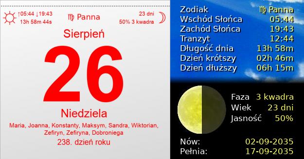 26 Sierpnia 2035 - Niedziela. Kartka z Kalendarza