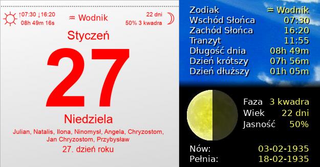 27 Stycznia 1935 - Niedziela. Kartka z Kalendarza