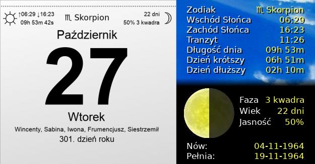 27 Października 1964 - Wtorek. Kartka z Kalendarza