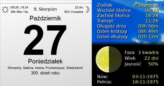27 Października 1975 - Poniedziałek. Kartka z Kalendarza