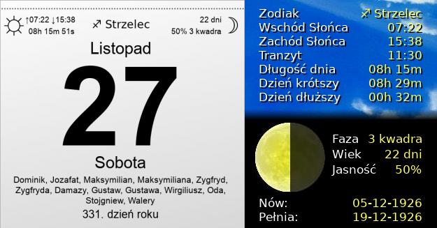 27 Listopada 1926 - Sobota. Kartka z Kalendarza