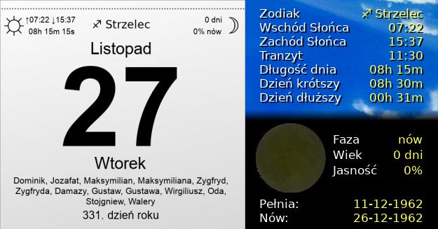 27 Listopada 1962 - Wtorek. Kartka z Kalendarza