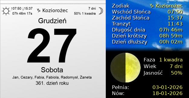 27 Grudnia 2025 - Sobota. Kartka z Kalendarza