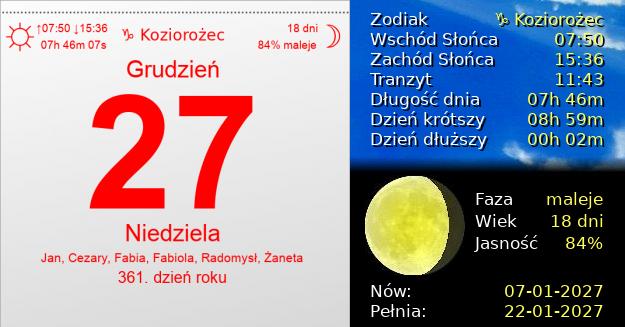 27 Grudnia 2026 - Niedziela. Kartka z Kalendarza