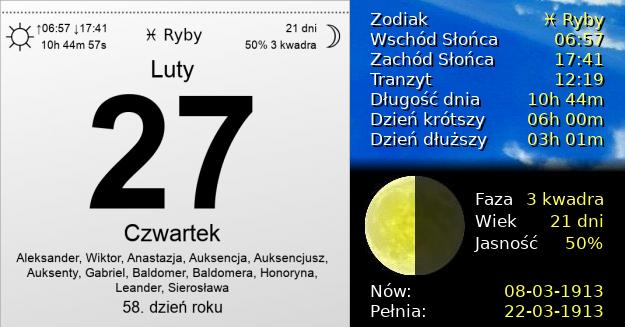 27 Lutego 1913 - Czwartek. Kartka z Kalendarza