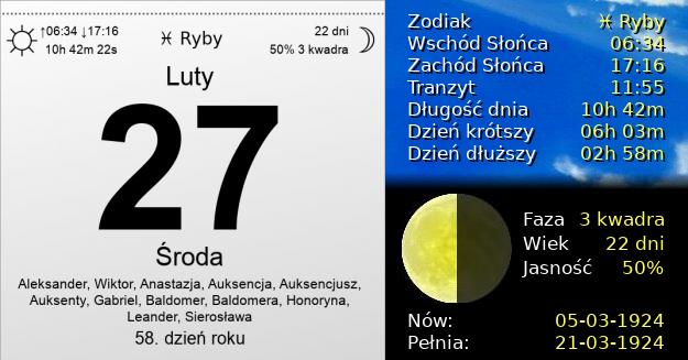 27 Lutego 1924 - Środa. Kartka z Kalendarza