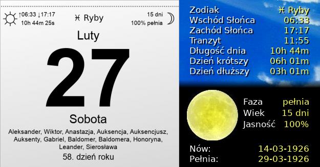 27 Lutego 1926 - Sobota. Kartka z Kalendarza