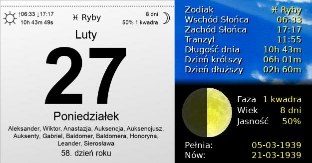 27 Lutego 1939 - Poniedziałek. Kartka z Kalendarza