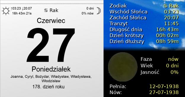 27 Czerwca 1938 - Poniedziałek. Kartka z Kalendarza