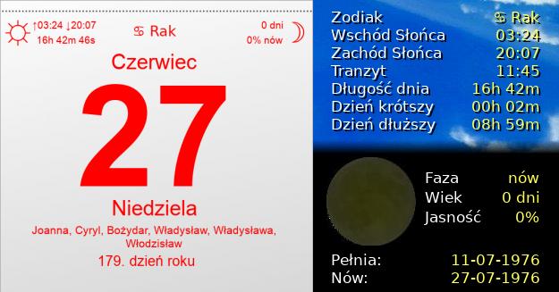27 Czerwca 1976 - Niedziela. Kartka z Kalendarza