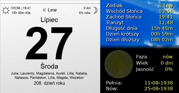 27 Lipca 1938 - Środa. Kartka z Kalendarza