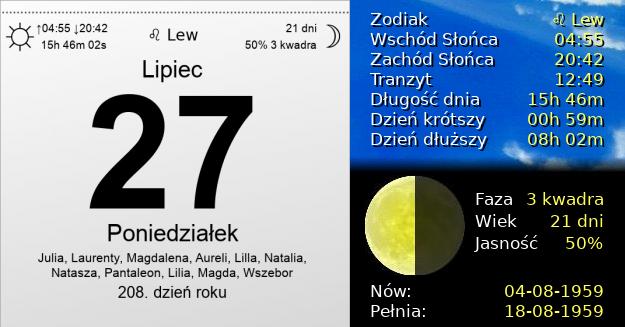 27 Lipca 1959 - Poniedziałek. Kartka z Kalendarza