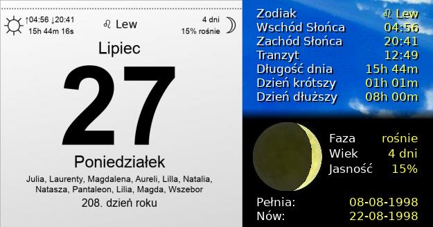 27 Lipca 1998 - Poniedziałek. Kartka z Kalendarza