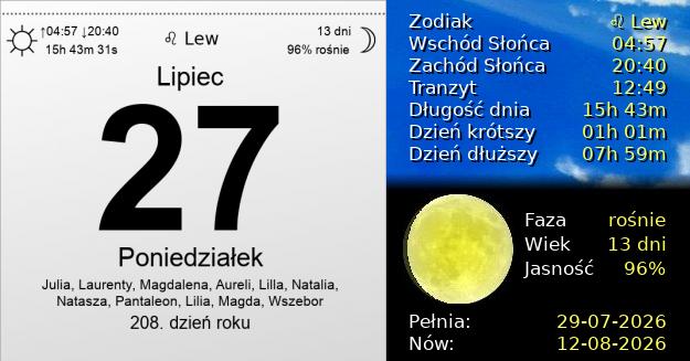 27 Lipca 2026 - Poniedziałek. Kartka z Kalendarza