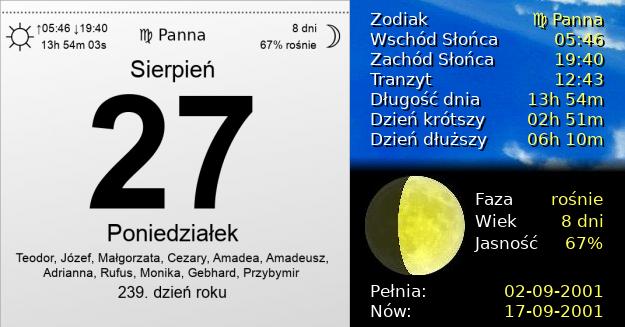 27 Sierpnia 2001 - Poniedziałek. Kartka z Kalendarza