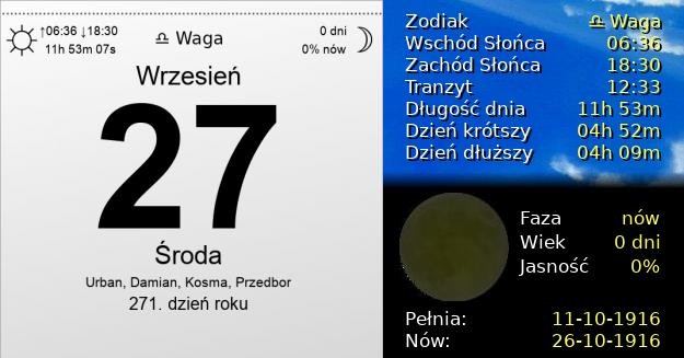 27 Września 1916 - Środa. Kartka z Kalendarza