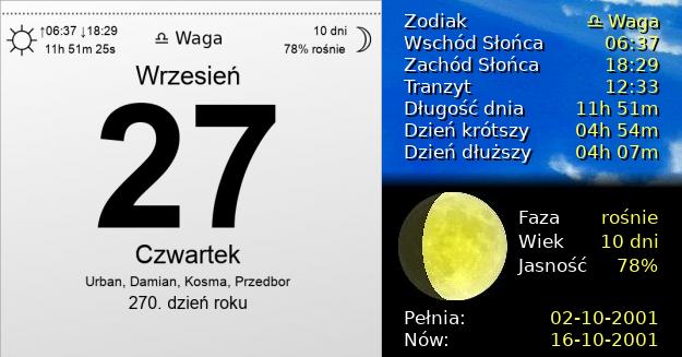 27 Września 2001 - Czwartek. Kartka z Kalendarza