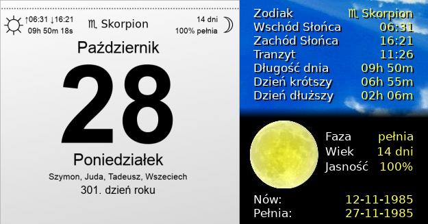 28 Października 1985 - Poniedziałek. Kartka z Kalendarza
