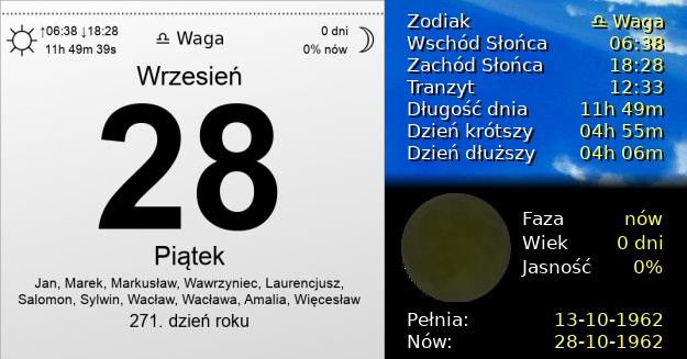 28 Września 1962 - Piątek. Kartka z Kalendarza