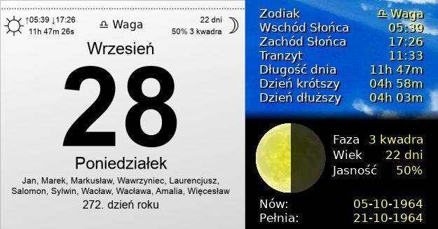 28 Września 1964 - Poniedziałek. Kartka z Kalendarza