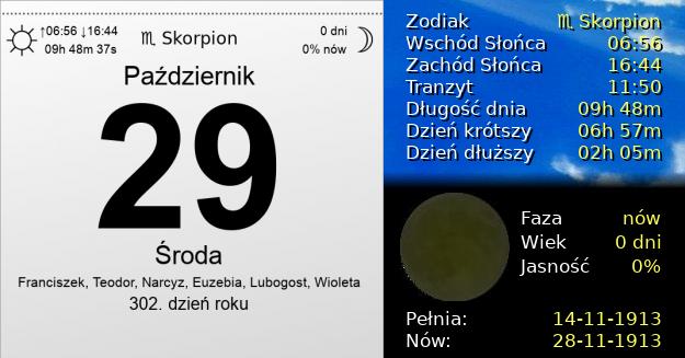 29 Października 1913 - Środa. Kartka z Kalendarza