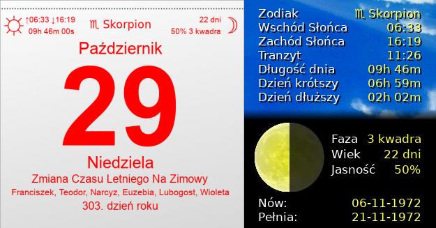 29 Października 1972 - Zmiana Czasu Letniego Na Zimowy. Kartka z Kalendarza