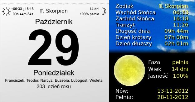 29 Października 2012 - Poniedziałek. Kartka z Kalendarza