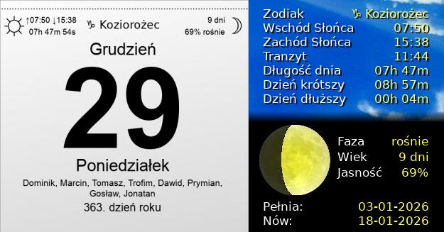 29 Grudnia 2025 - Poniedziałek. Kartka z Kalendarza