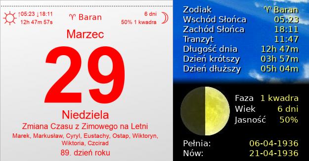 29 Marca 1936 - Zmiana Czasu z Zimowego na Letni. Kartka z Kalendarza