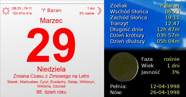 29 Marca 1998 - Zmiana Czasu z Zimowego na Letni. Kartka z Kalendarza