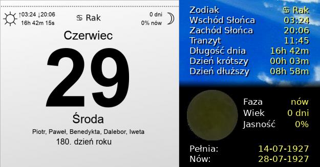 29 Czerwca 1927 - Środa. Kartka z Kalendarza