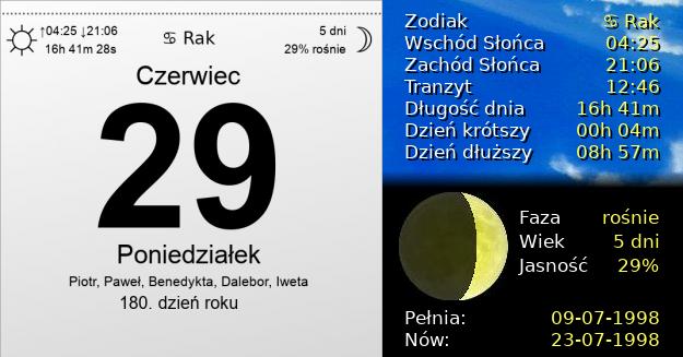 29 Czerwca 1998 - Poniedziałek. Kartka z Kalendarza