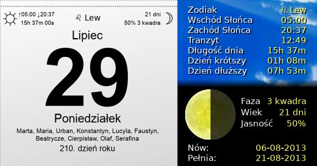 29 Lipca 2013 - Poniedziałek. Kartka z Kalendarza