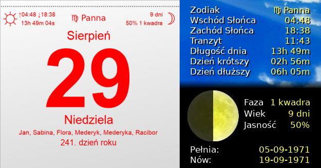 29 Sierpnia 1971 - Niedziela. Kartka z Kalendarza